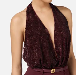 Elisabetta Franchi Jumpsuits|Jumpsuit in crêpe and tulle fabric embroidered with sequins RougeNoir