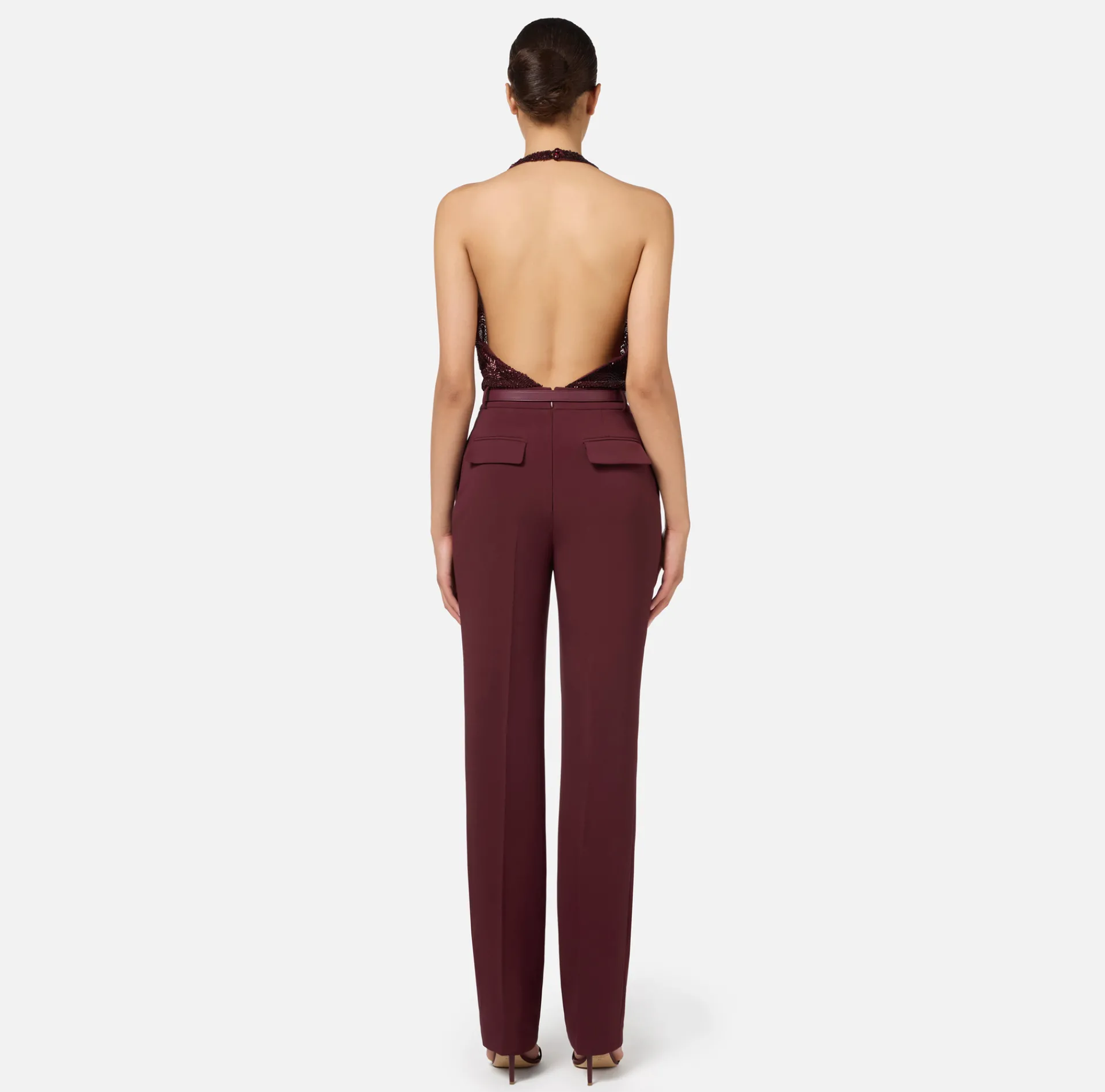 Elisabetta Franchi Jumpsuits|Jumpsuit in crêpe and tulle fabric embroidered with sequins RougeNoir