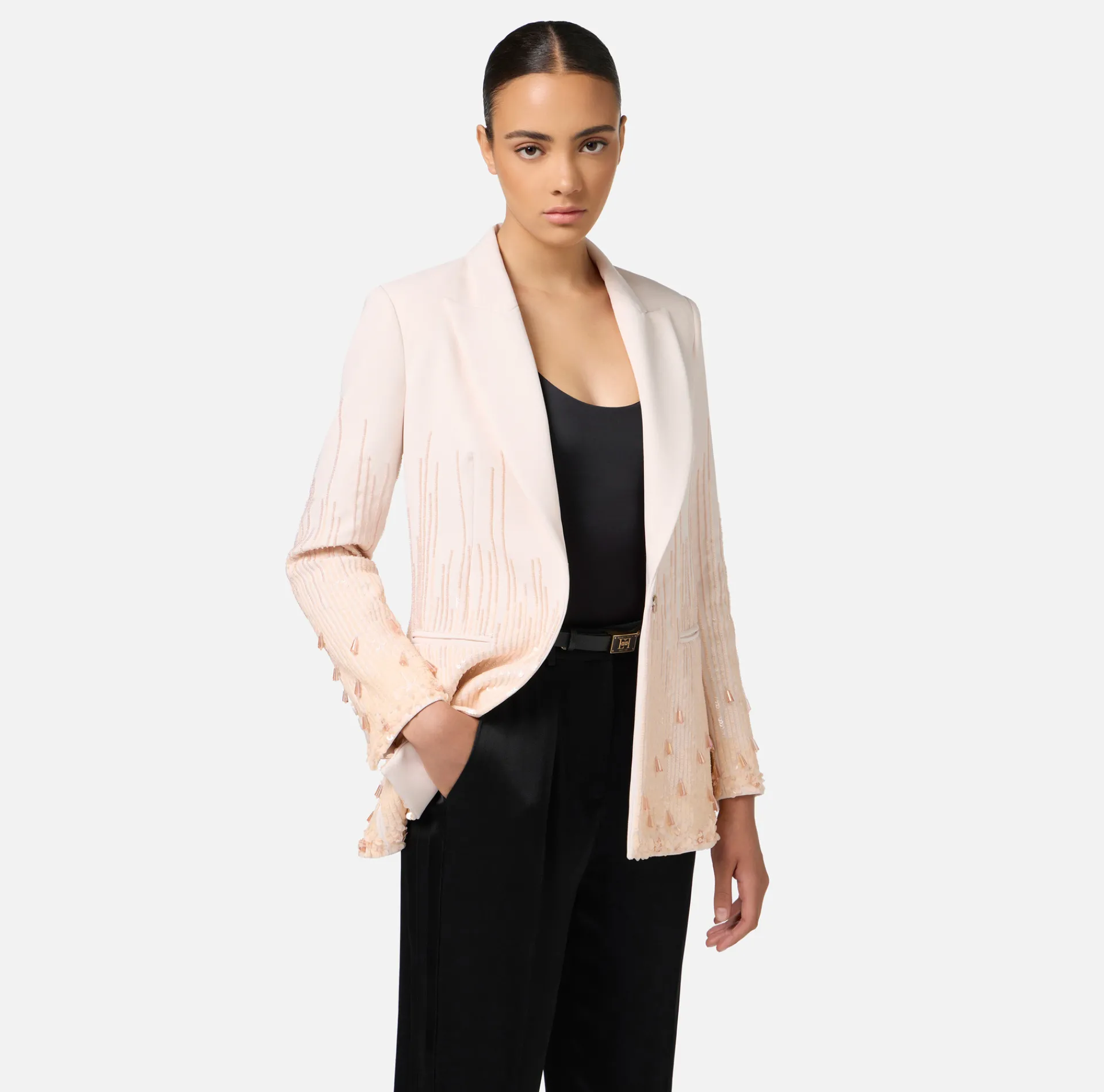 Elisabetta Franchi Jackets And Trench Coats|Jumpsuit in crêpe embroidered with sequins Latex