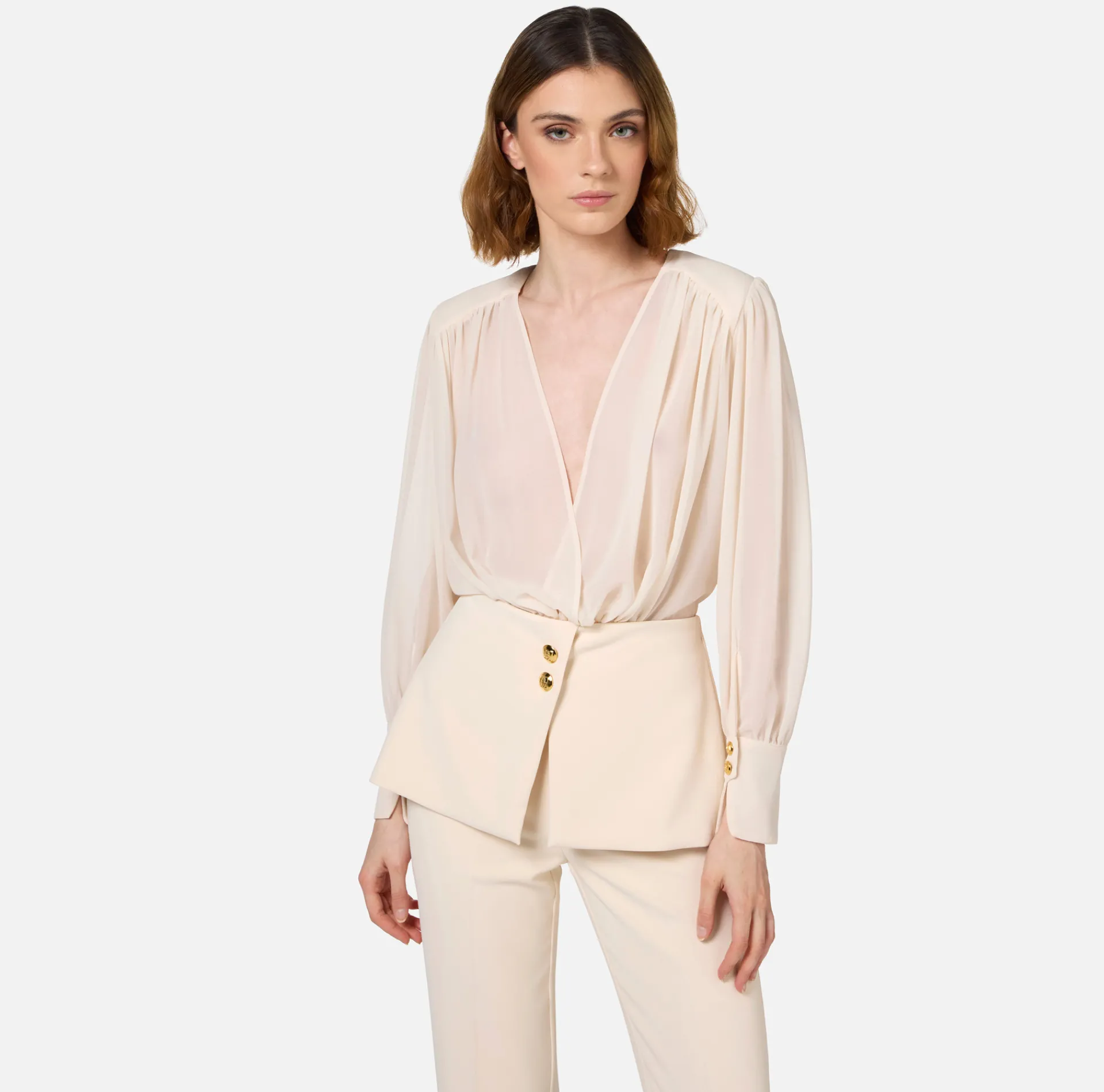 Elisabetta Franchi Jumpsuits|Jumpsuit in crêpe fabric with georgette blouse and peplum Butter
