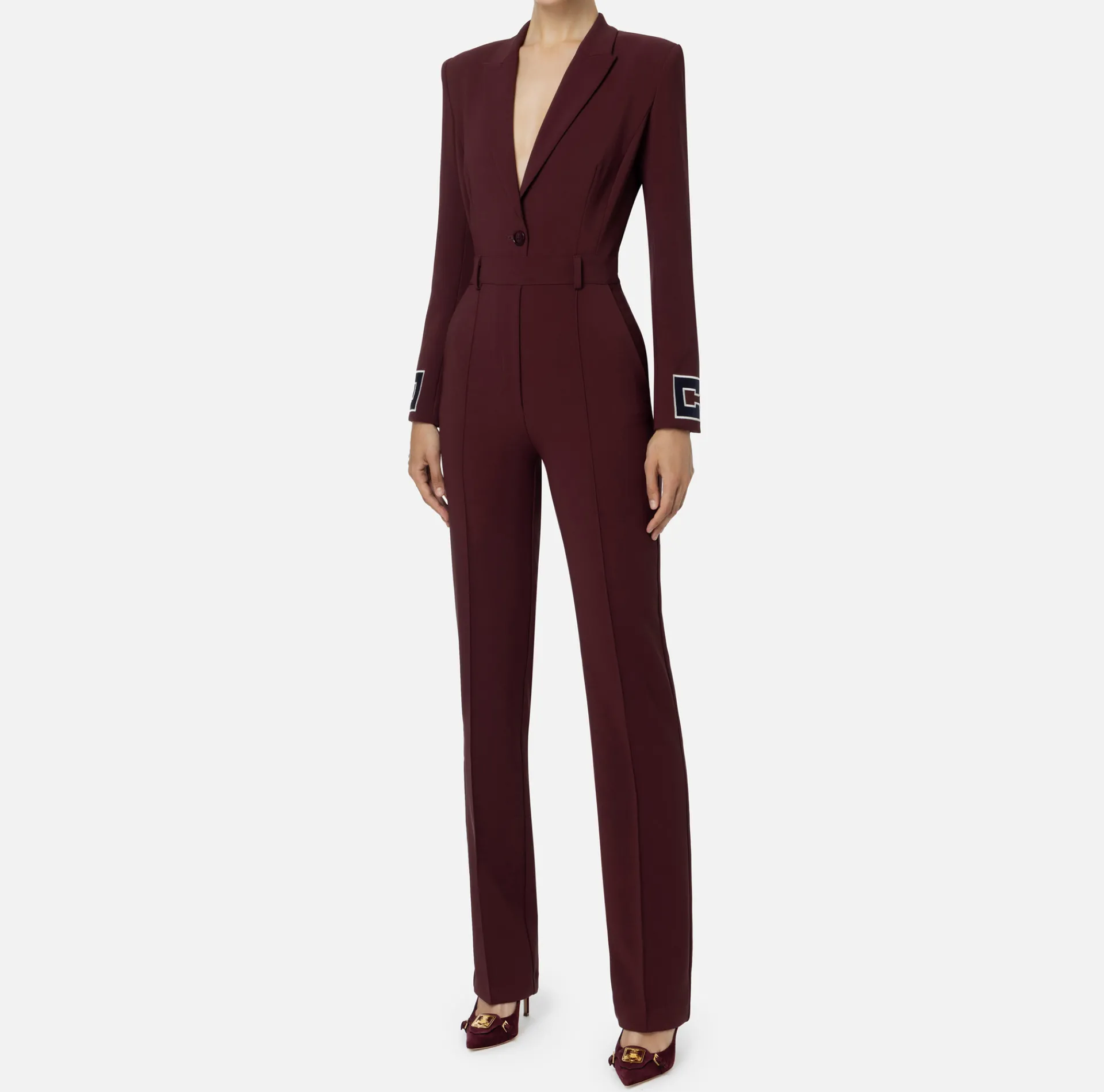 Elisabetta Franchi Jumpsuits|Jumpsuit in crêpe fabric with bands and logo embroidery Gold