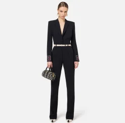 Elisabetta Franchi Jumpsuits|Jumpsuit in crêpe fabric with bands and logo embroidery Black/Butter