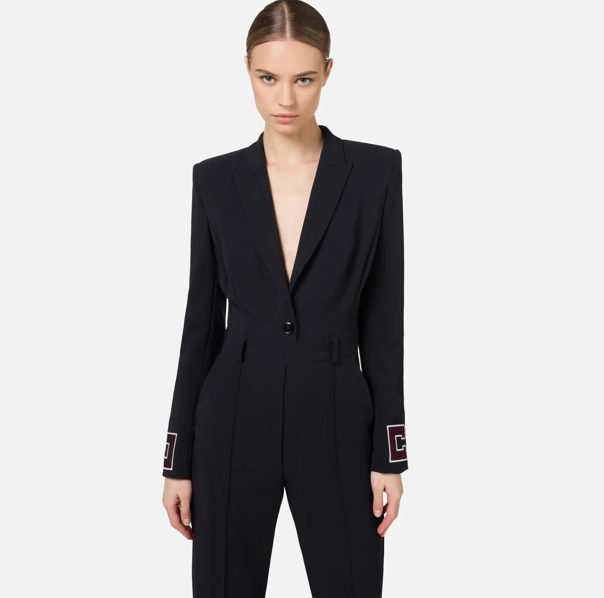 Elisabetta Franchi Jumpsuits|Jumpsuit in crêpe fabric with bands and logo embroidery Black/Butter