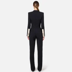 Elisabetta Franchi Jumpsuits|Jumpsuit in crêpe fabric with bands and logo embroidery Black/Butter