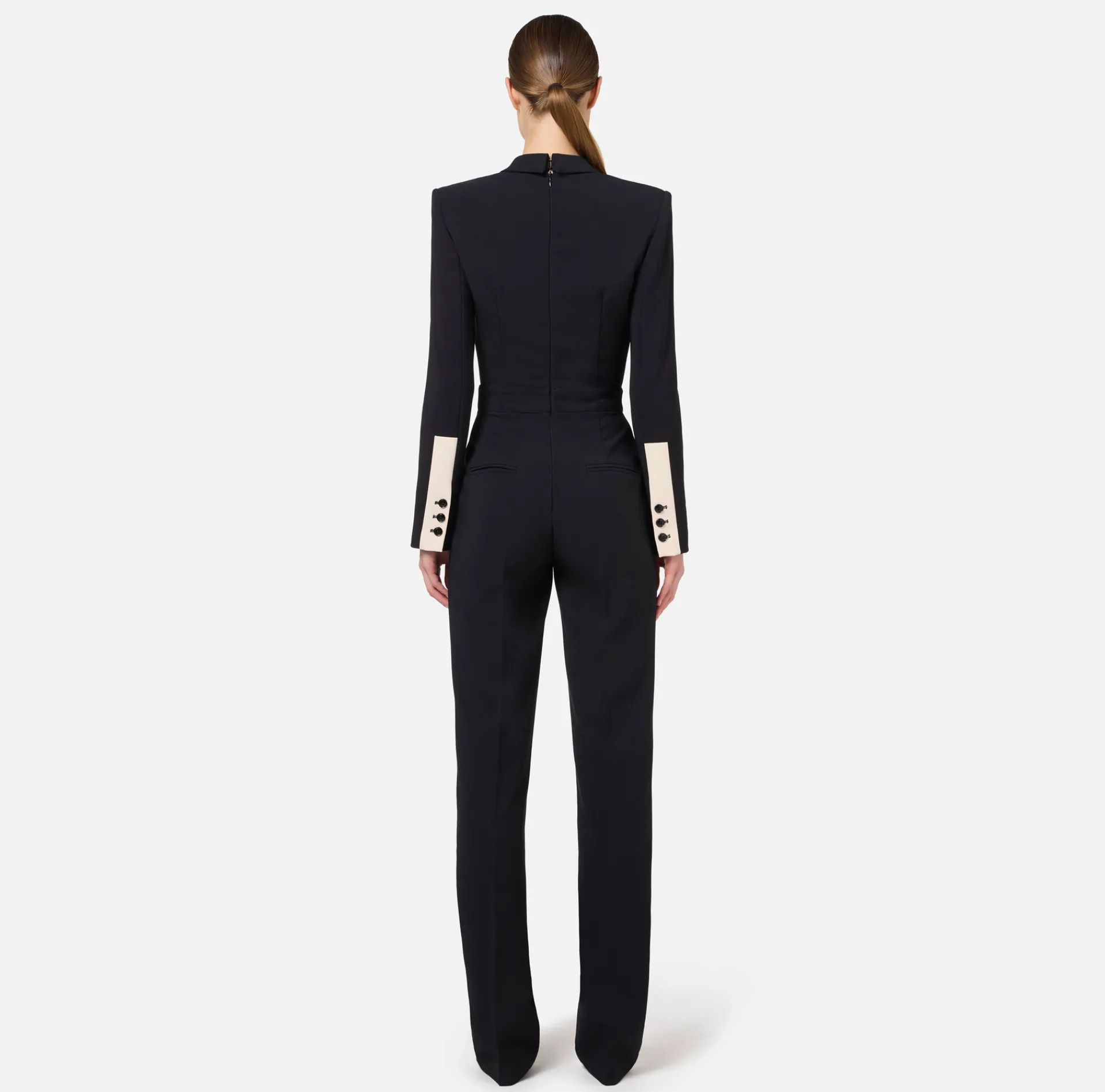 Elisabetta Franchi Jumpsuits|Jumpsuit in crêpe fabric with bands and logo embroidery Black/Butter