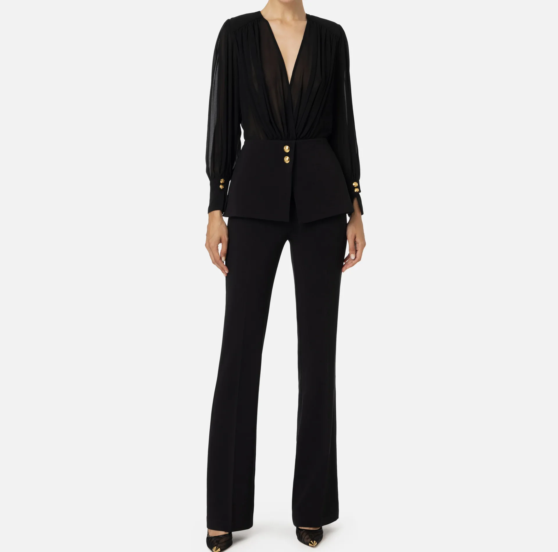 Elisabetta Franchi Jumpsuits|Jumpsuit in crêpe fabric with georgette blouse and peplum Black