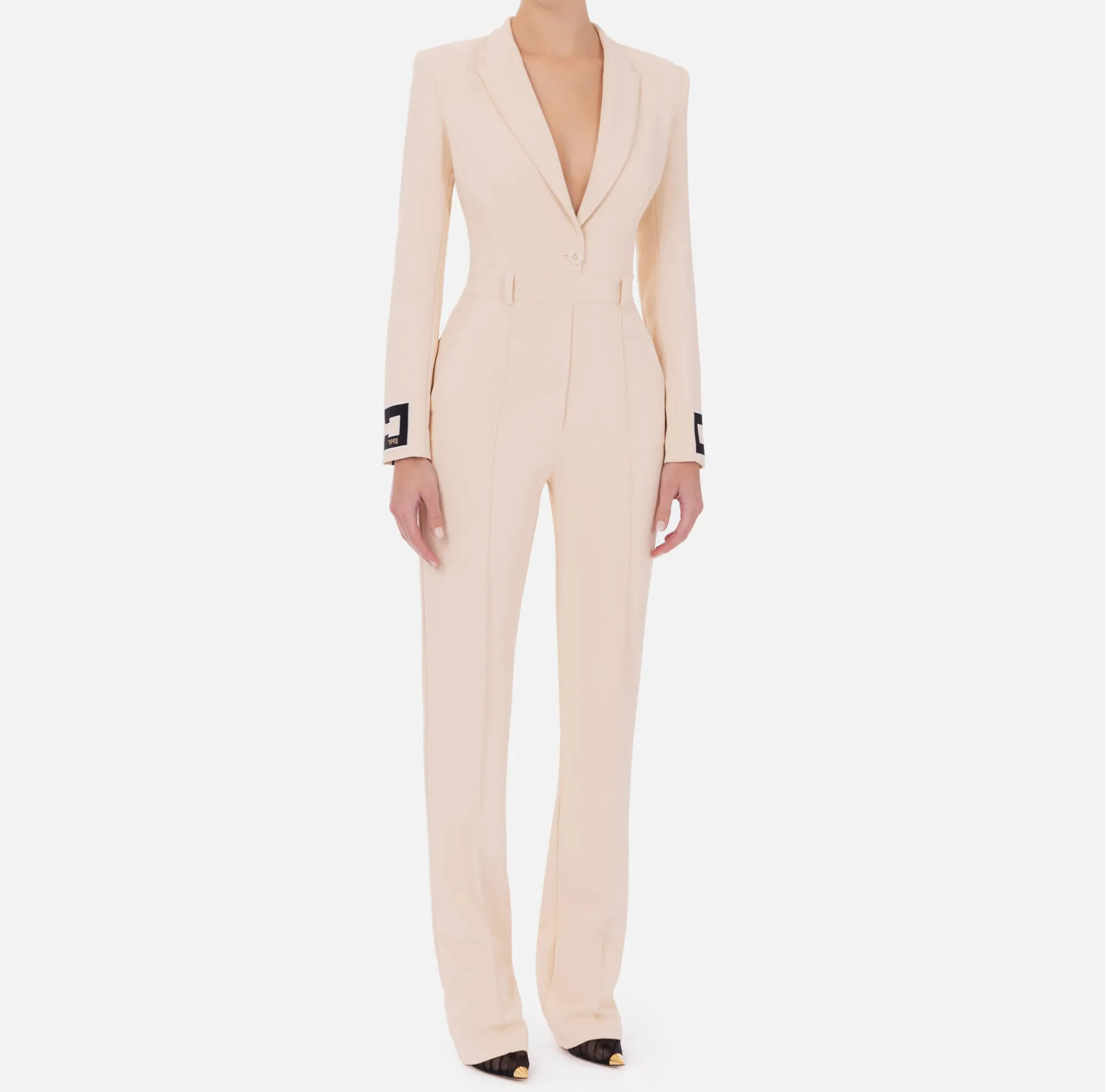 Elisabetta Franchi Jumpsuits|Jumpsuit in crêpe fabric with bands and logo embroidery Cream/Black