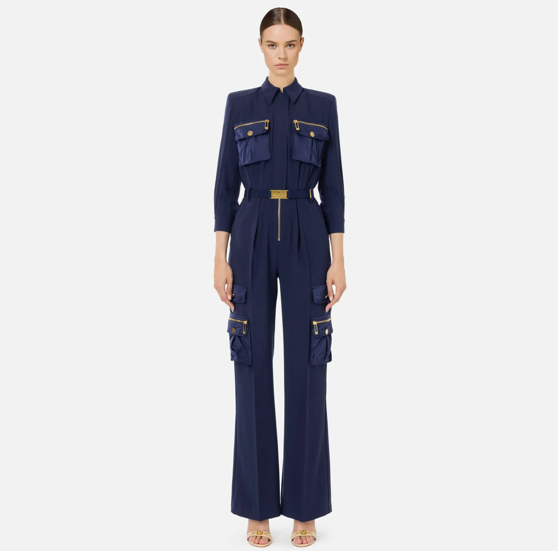 Elisabetta Franchi Jumpsuits|Jumpsuit in crêpe fabric with pockets and belt Navy