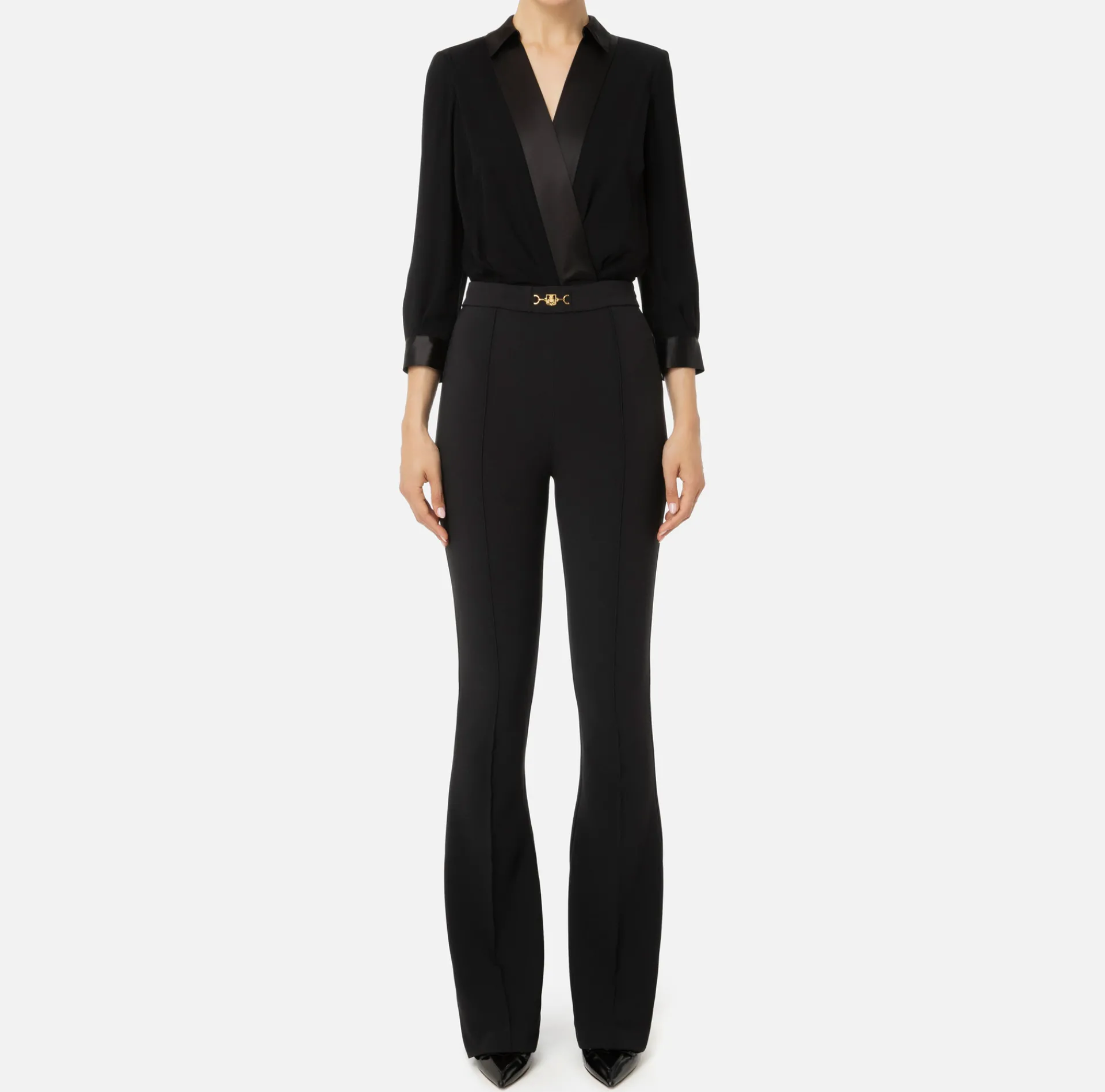 Elisabetta Franchi Jumpsuits|Jumpsuit in viscose with crossover blouse and flared trousers with horsebit Black