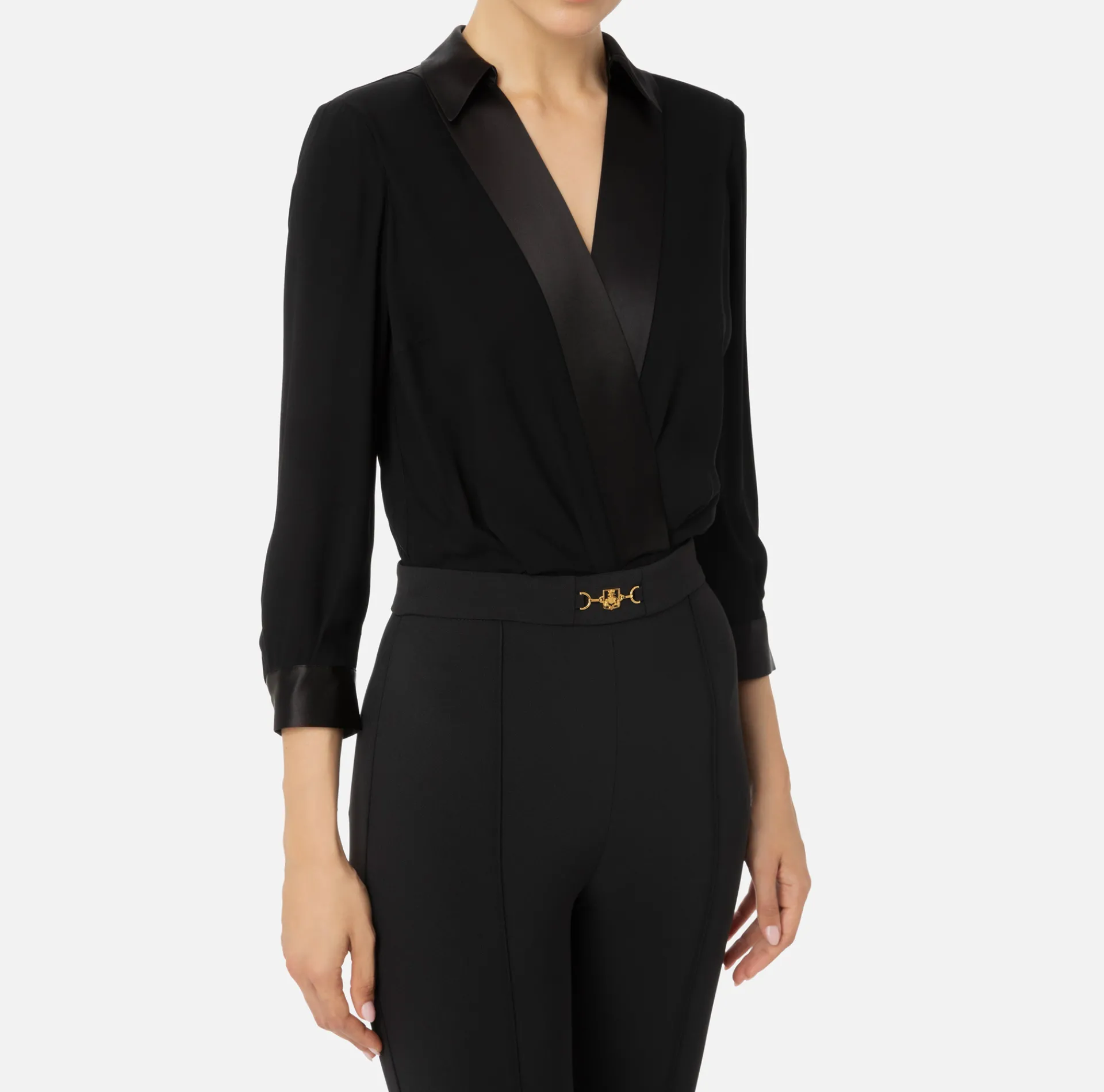 Elisabetta Franchi Jumpsuits|Jumpsuit in viscose with crossover blouse and flared trousers with horsebit Black
