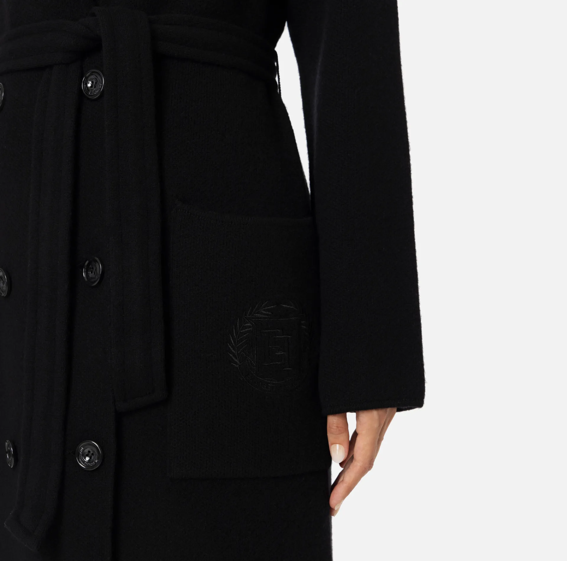 Elisabetta Franchi Coats And Jackets|Knit wool and cashmere wrap coat with emblem Black