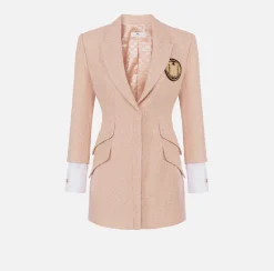 Elisabetta Franchi Mini Dresses|Coat Dresses|Laminated tweed coat dress with logo patch PeachRose