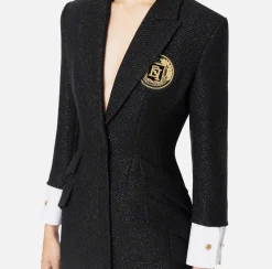 Elisabetta Franchi Mini Dresses|Coat Dresses|Laminated tweed coat dress with logo patch Black