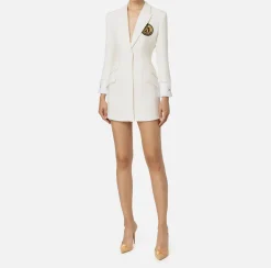 Elisabetta Franchi Mini Dresses|Coat Dresses|Laminated tweed coat dress with logo patch Ivory
