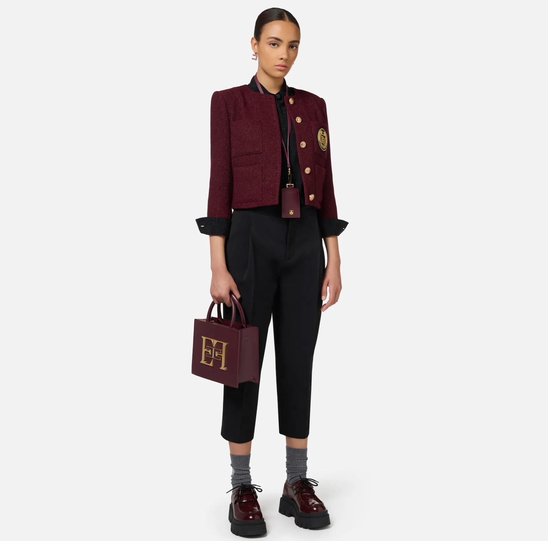 Elisabetta Franchi Jackets And Trench Coats|Laminated tweed cropped jacket with pockets RougeNoir