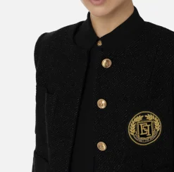 Elisabetta Franchi Jackets And Trench Coats|Laminated tweed cropped jacket with pockets Black