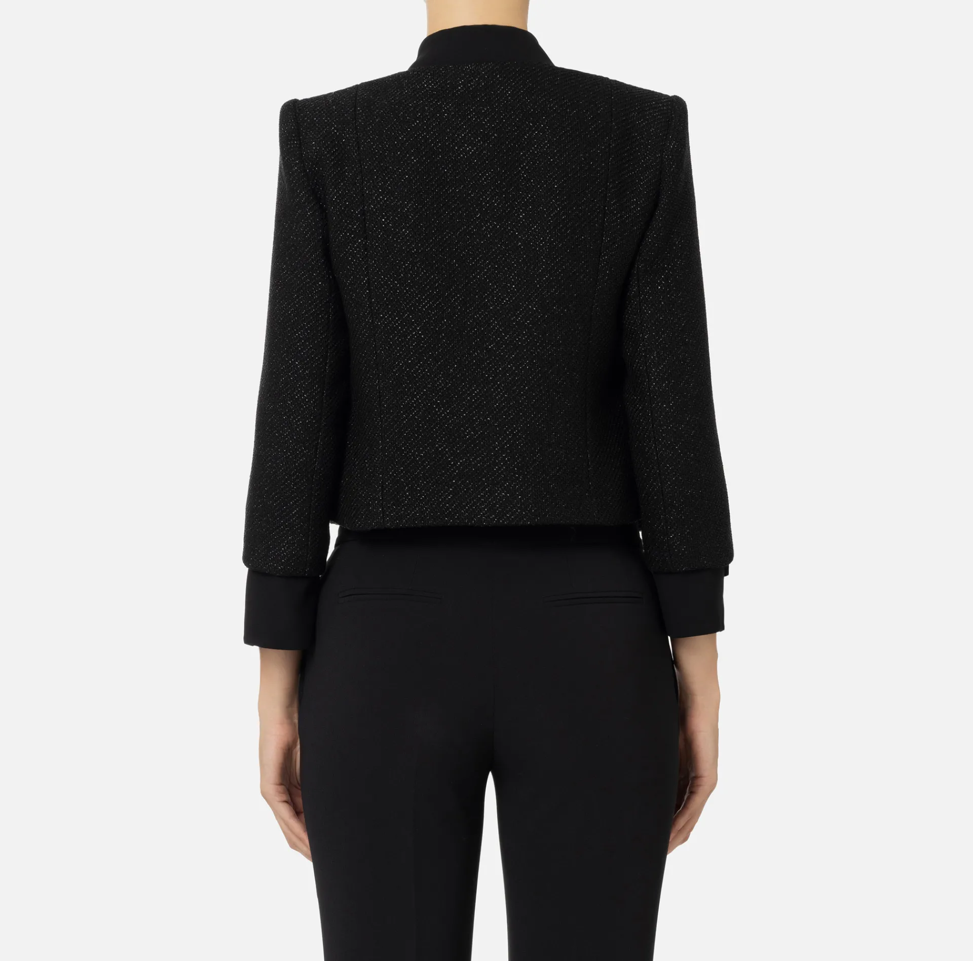 Elisabetta Franchi Jackets And Trench Coats|Laminated tweed cropped jacket with pockets Black