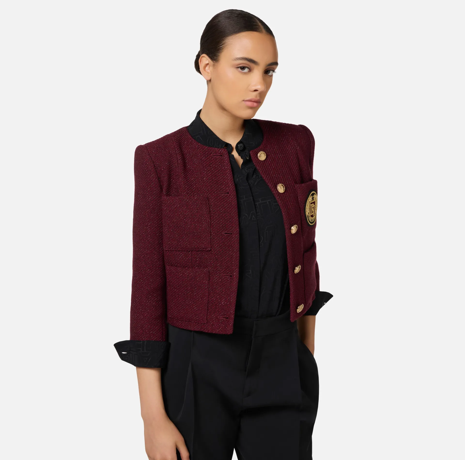 Elisabetta Franchi Jackets And Trench Coats|Laminated tweed cropped jacket with pockets