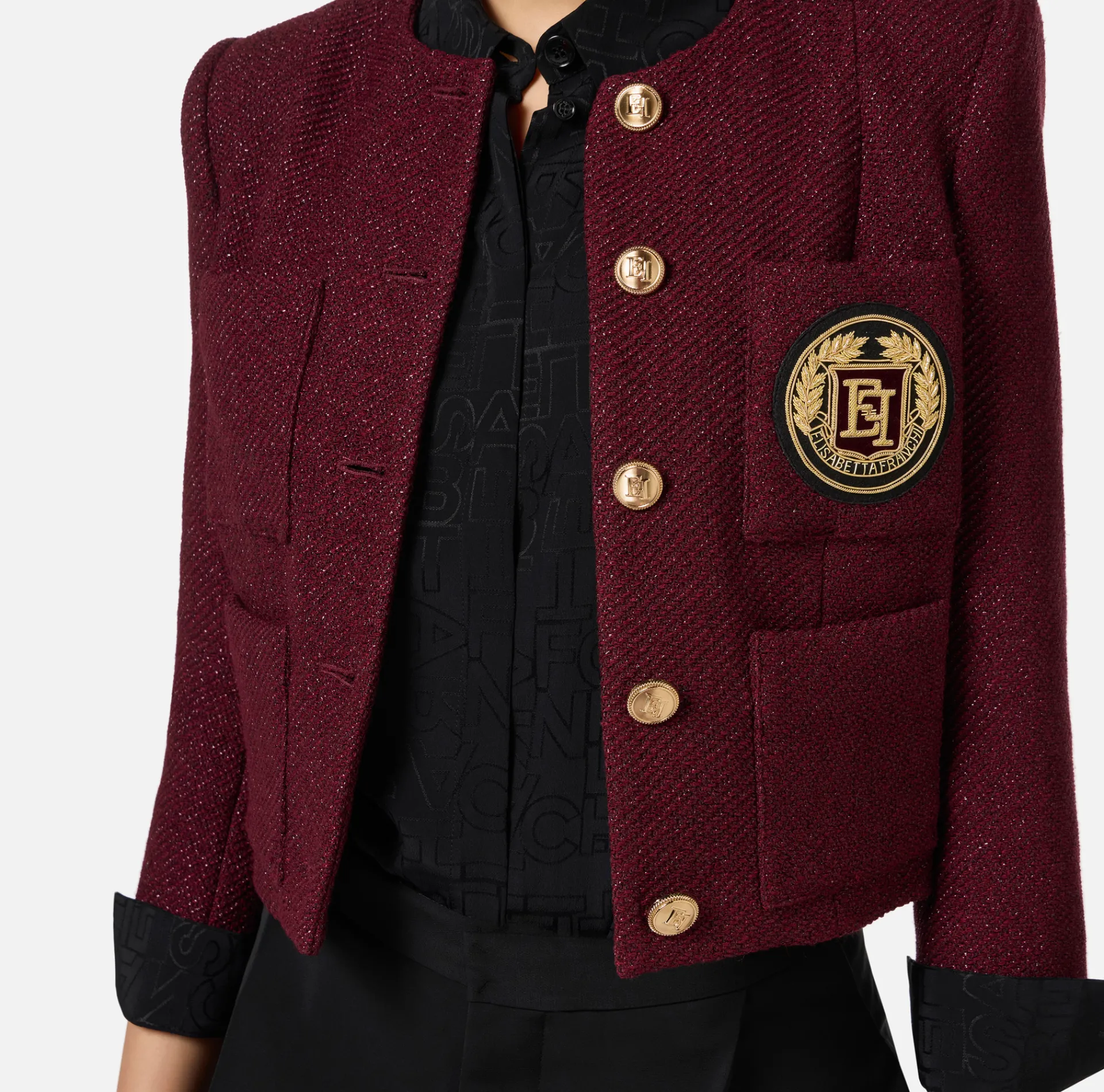 Elisabetta Franchi Jackets And Trench Coats|Laminated tweed cropped jacket with pockets