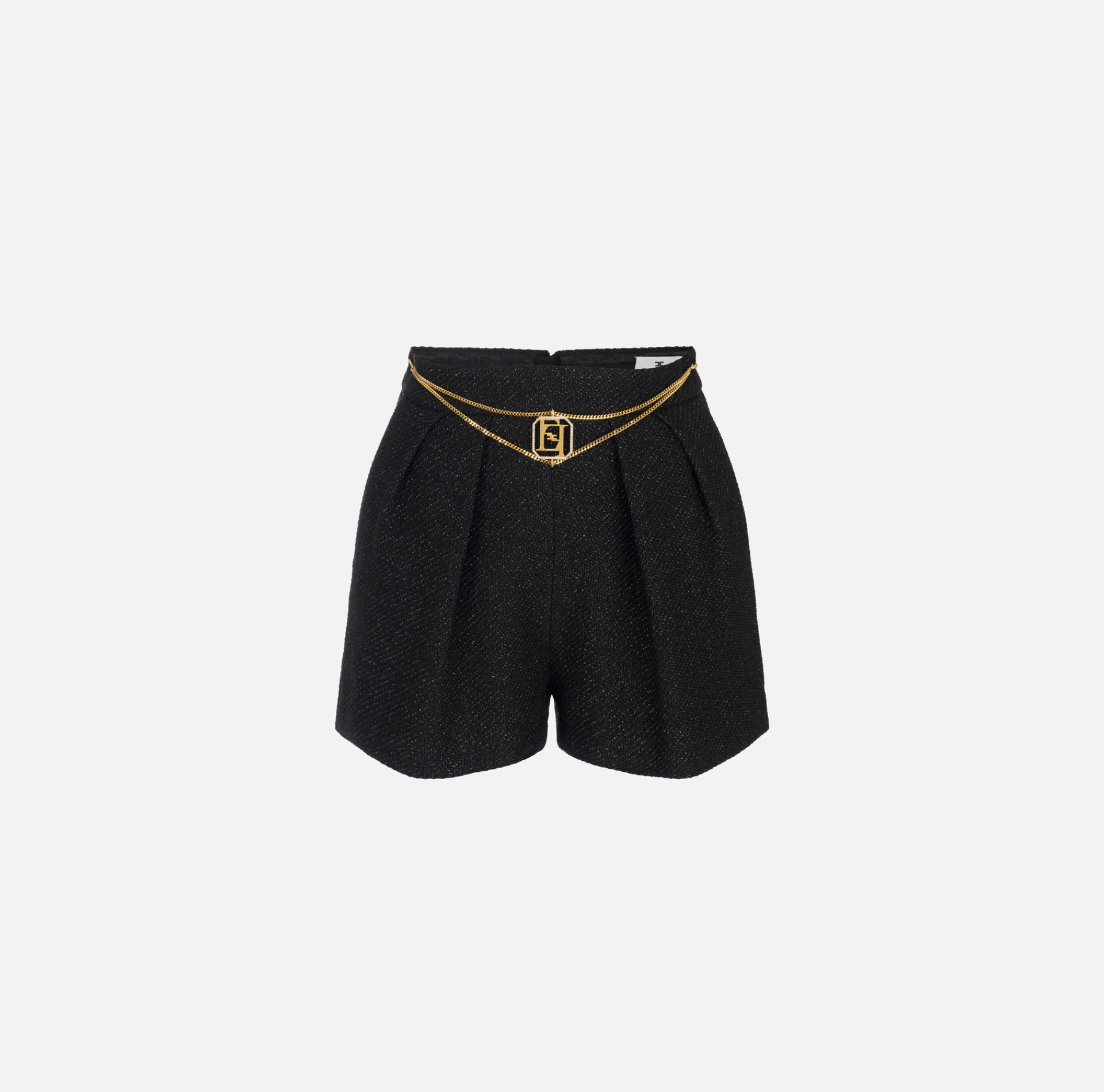Elisabetta Franchi Trousers And Shorts|Laminated tweed shorts with logo accessory Black