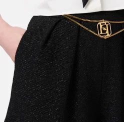 Elisabetta Franchi Trousers And Shorts|Laminated tweed shorts with logo accessory Black