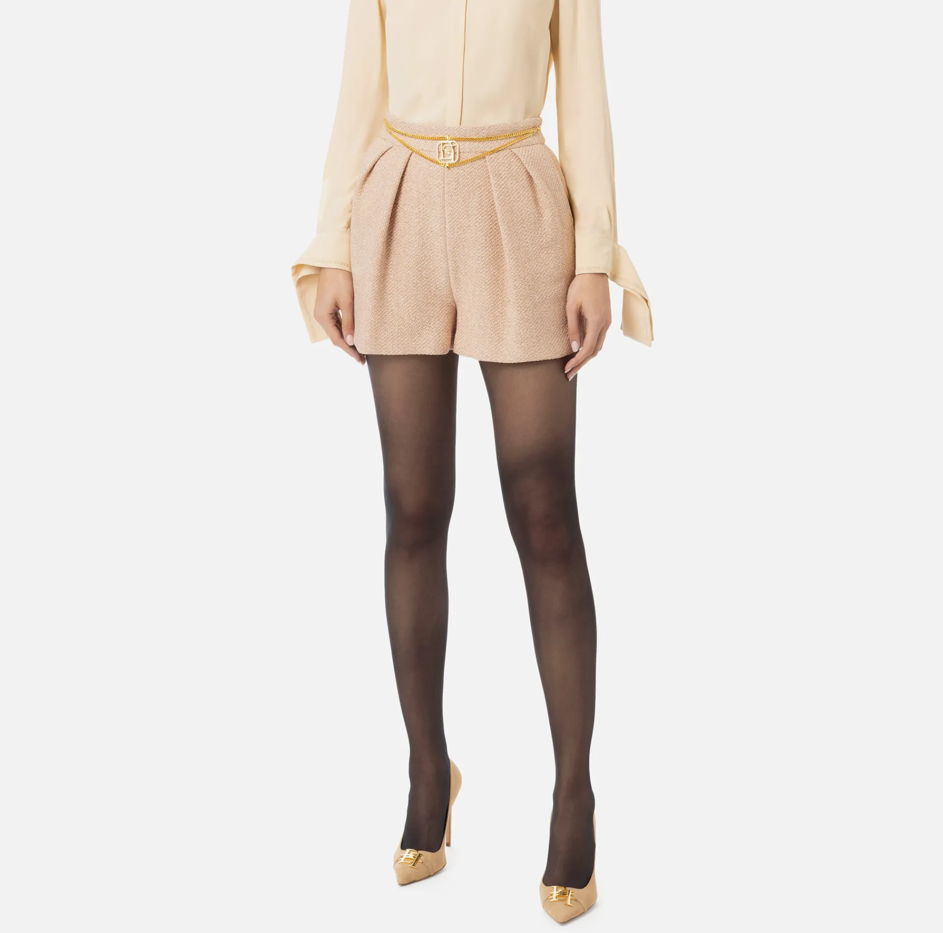 Elisabetta Franchi Trousers And Shorts|Laminated tweed shorts with logo accessory PeachRose