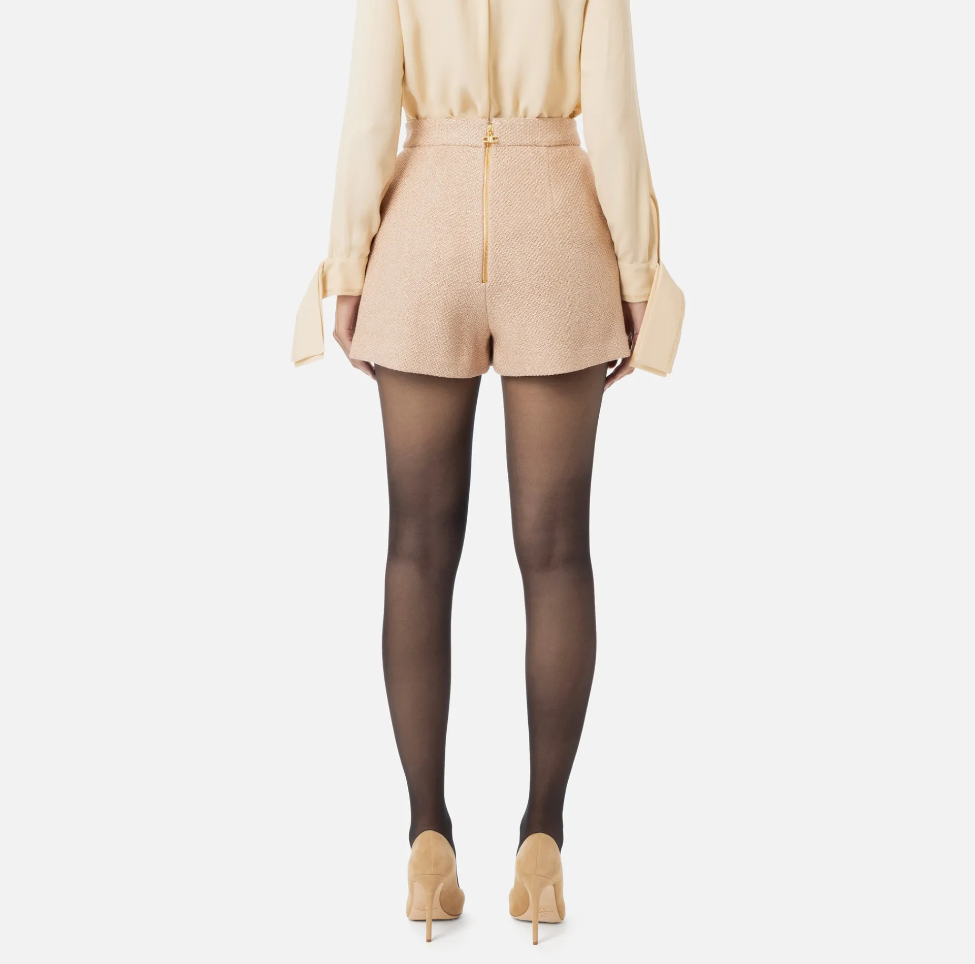 Elisabetta Franchi Trousers And Shorts|Laminated tweed shorts with logo accessory PeachRose
