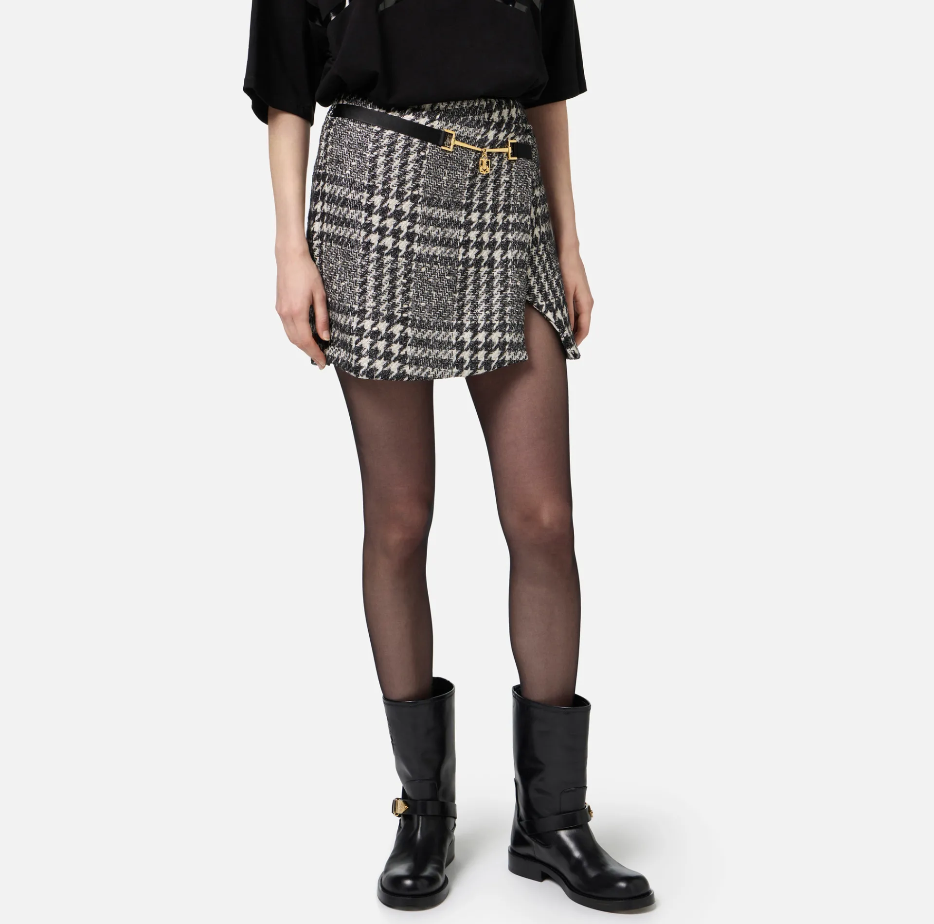 Elisabetta Franchi Skirts|Laminated tweed wraparound miniskirt Butter/Black