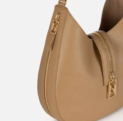 Elisabetta Franchi Shoulder Bags|Large hobo bag in leather-effect material with zip Camel