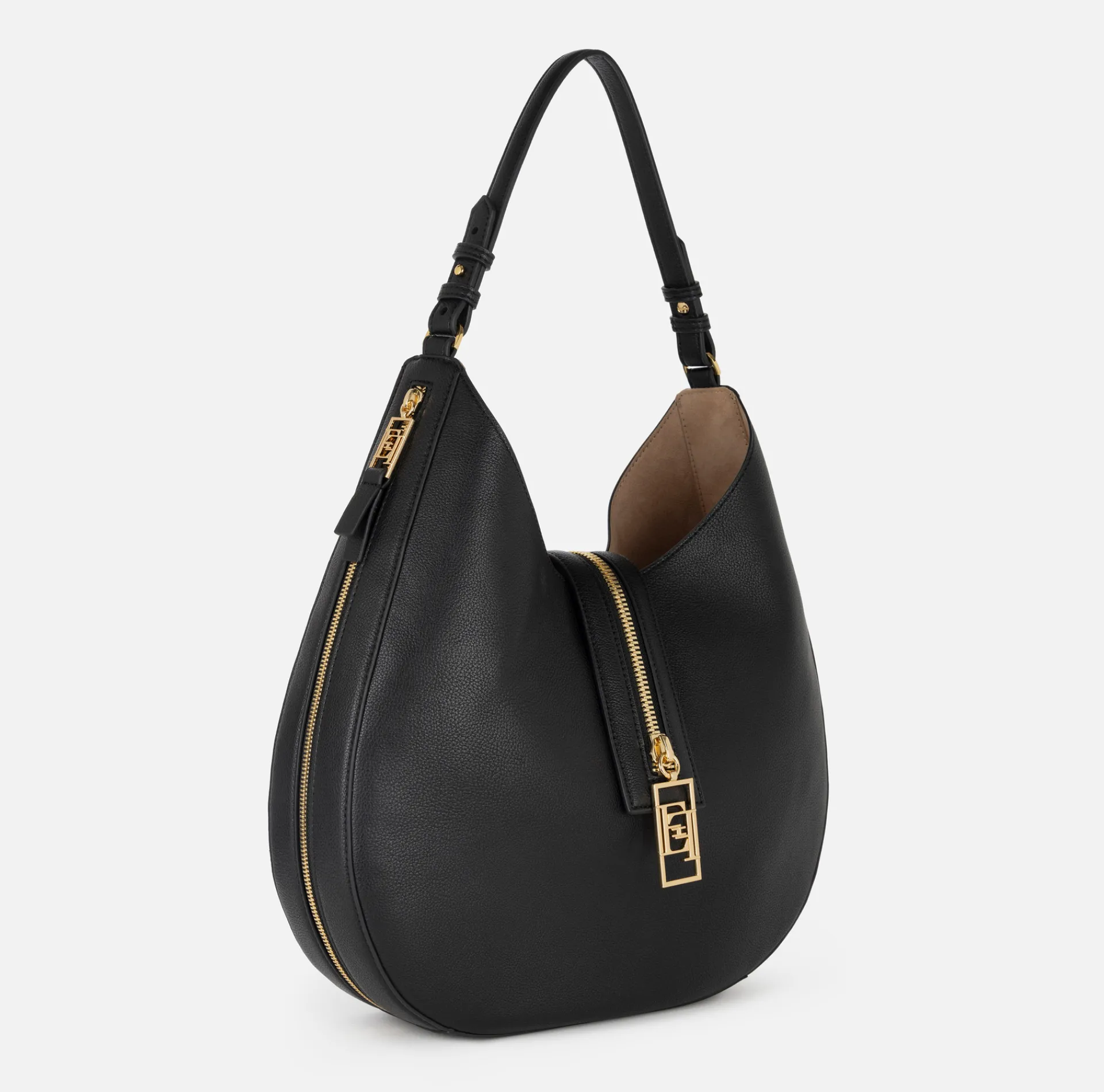 Elisabetta Franchi Shoulder Bags|Large hobo bag in leather-effect material with zip Black