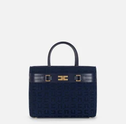 Elisabetta Franchi Handbags|Large shopper bag in jacquard fabric with horsebit Navy