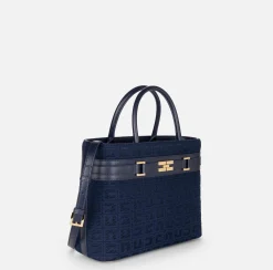 Elisabetta Franchi Handbags|Large shopper bag in jacquard fabric with horsebit Navy