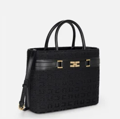 Elisabetta Franchi Handbags|Large shopper bag in jacquard fabric with horsebit Black