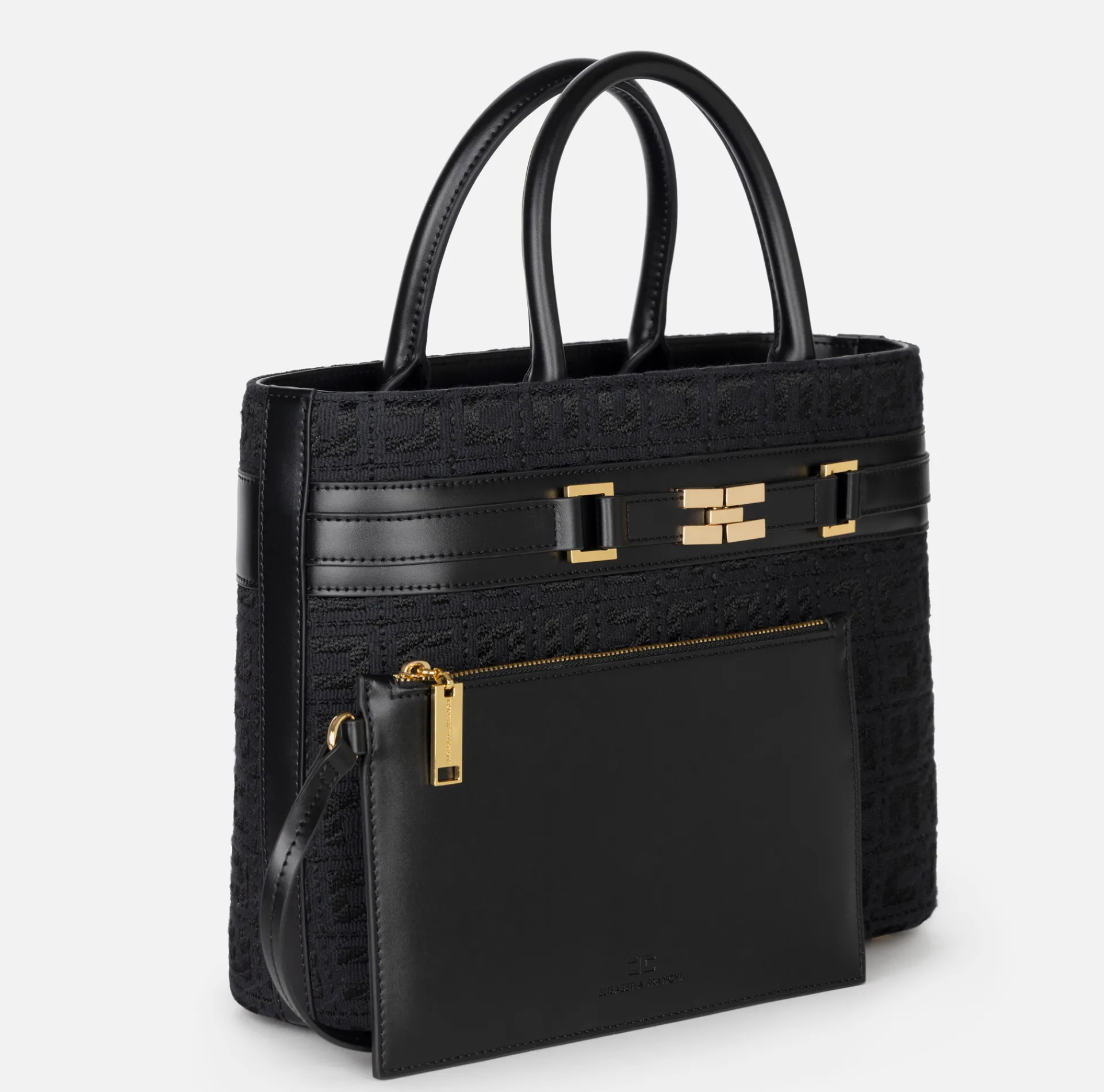 Elisabetta Franchi Handbags|Large shopper bag in jacquard fabric with horsebit Black