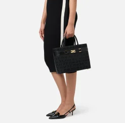 Elisabetta Franchi Handbags|Large shopper bag in jacquard fabric with horsebit Black