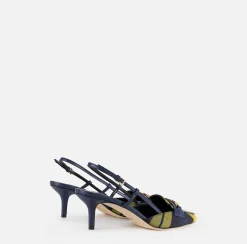 Elisabetta Franchi Pumps|Leather and tartan slingback shoes Navy/Mimosa