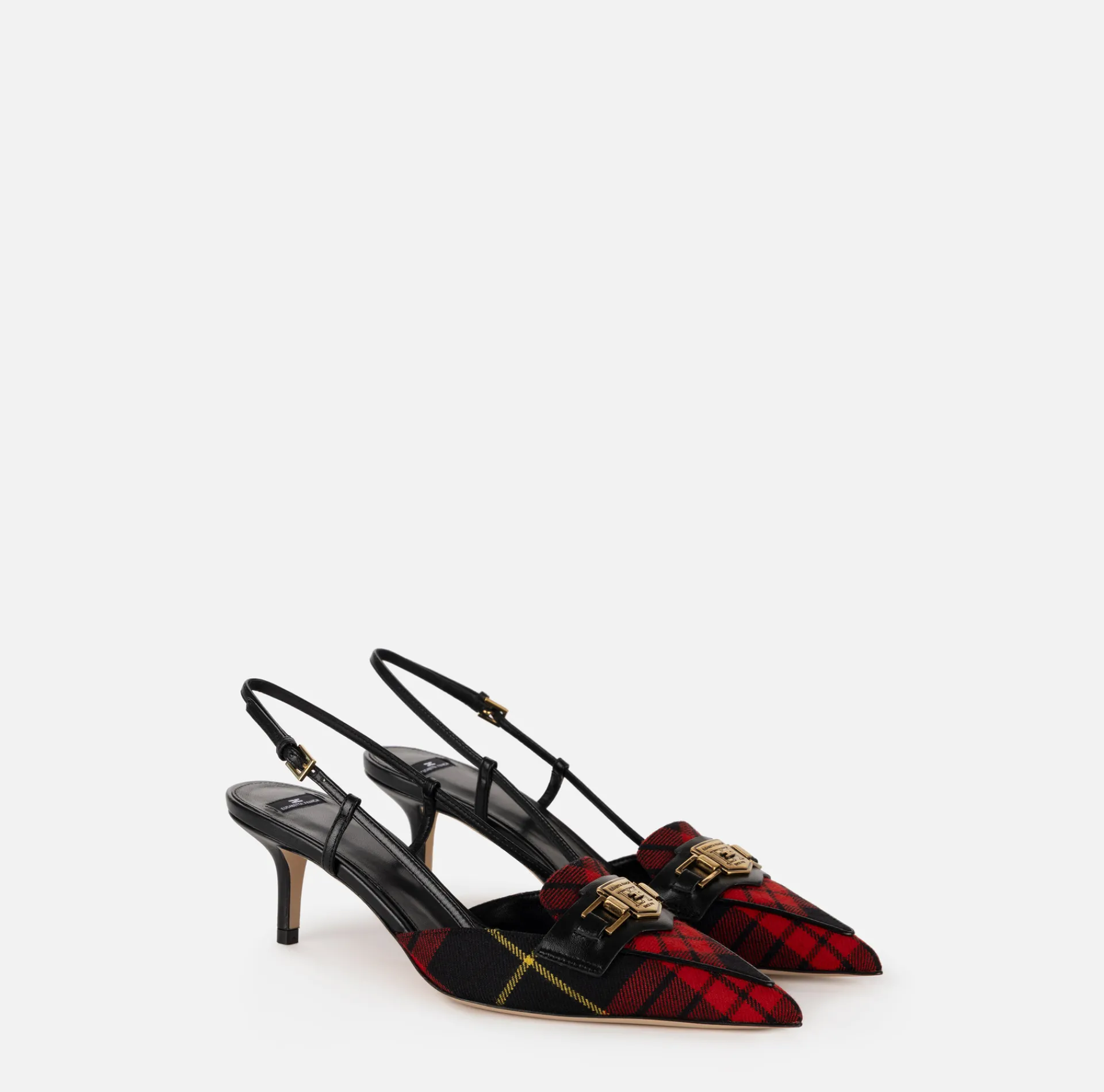 Elisabetta Franchi Pumps|Leather and tartan slingback shoes Black/RedPassion
