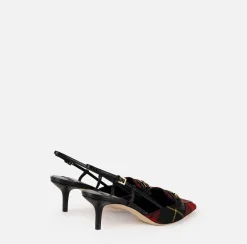 Elisabetta Franchi Pumps|Leather and tartan slingback shoes Black/RedPassion