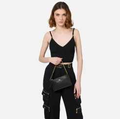 Elisabetta Franchi Shoulder Bags|Leather baguette mini shoulder bag with lettering Black
