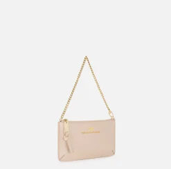 Elisabetta Franchi Shoulder Bags|Leather baguette mini shoulder bag with lettering Nude