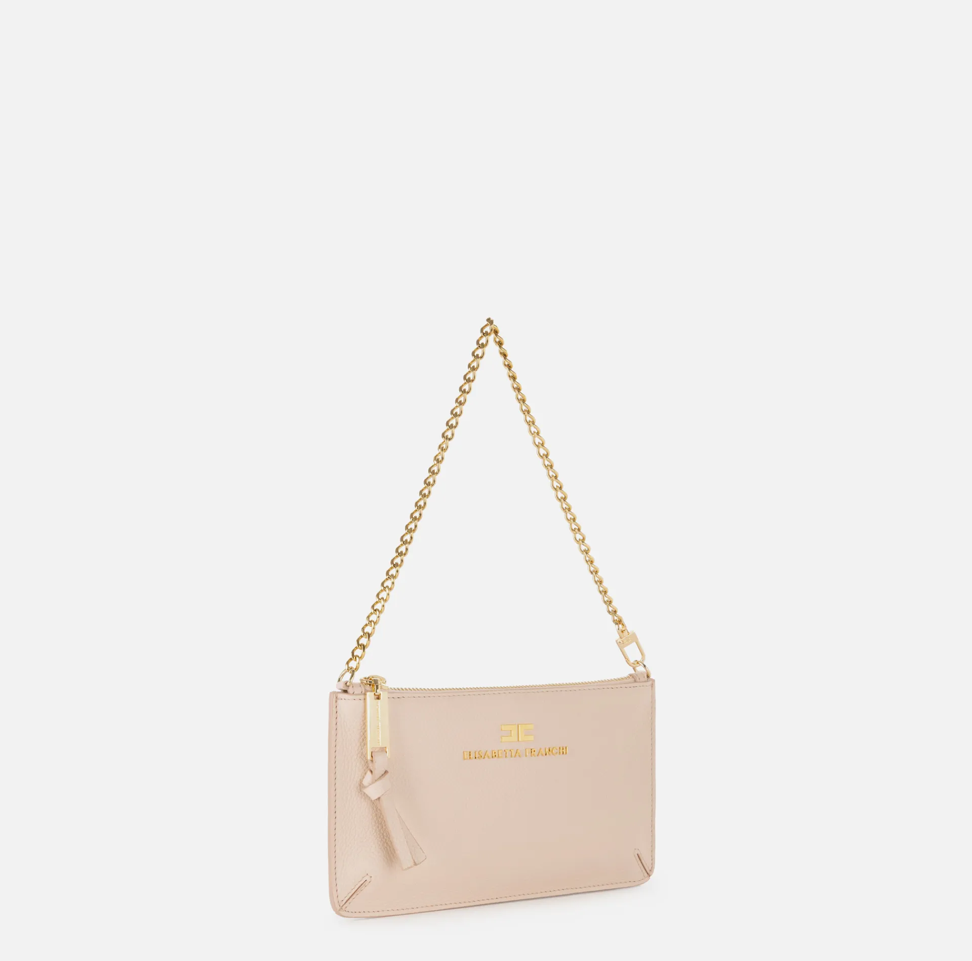 Elisabetta Franchi Shoulder Bags|Leather baguette mini shoulder bag with lettering Nude