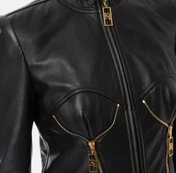 Elisabetta Franchi Jackets And Trench Coats|Leather biker jacket with cups Black