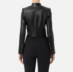 Elisabetta Franchi Jackets And Trench Coats|Leather biker jacket with cups Black