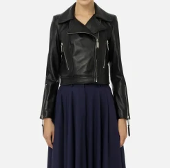 Elisabetta Franchi Jackets And Trench Coats|Leather biker jacket with zip Black