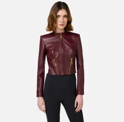 Elisabetta Franchi Jackets And Trench Coats|Leather biker jacket with cups RougeNoir