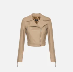 Elisabetta Franchi Jackets And Trench Coats|Leather biker jacket with zip Camel