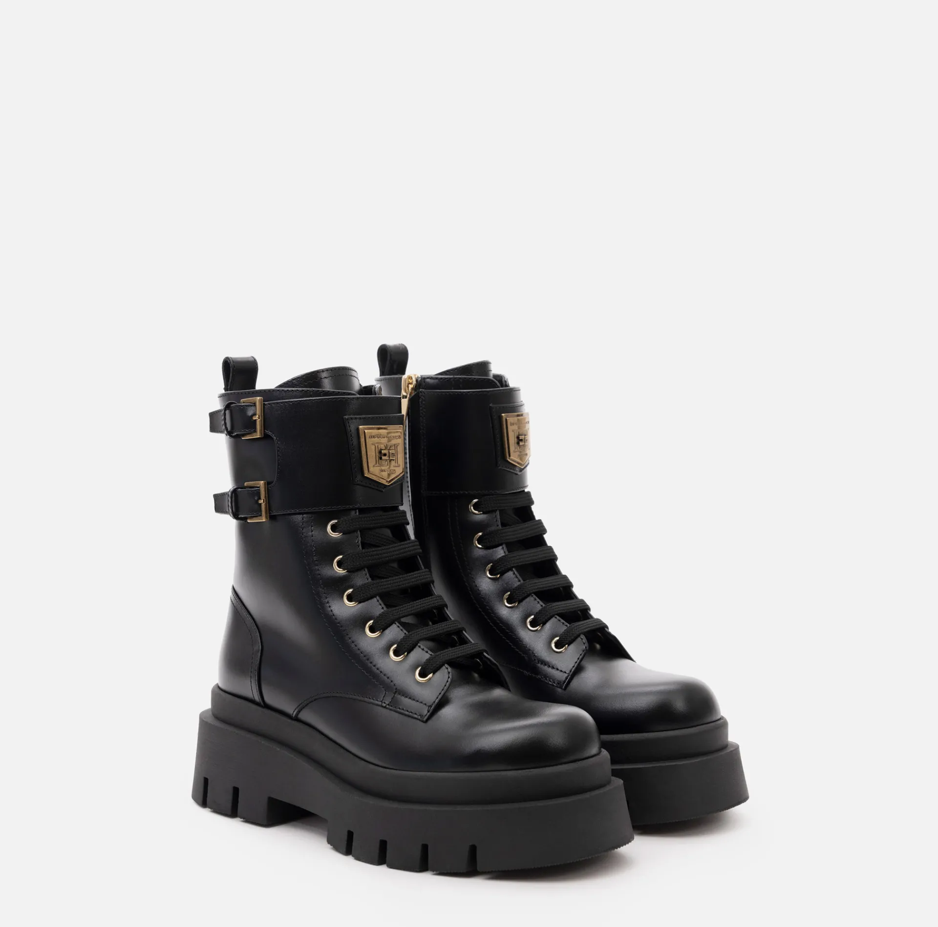 Elisabetta Franchi Boots|Leather combat boot with logo plaque Black