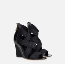 Elisabetta Franchi Sandals|Leather sandal with wedge and jacquard elastics Black