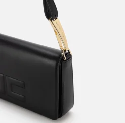 Elisabetta Franchi Shoulder Bags|Leather shoulder bag with embossed logo Black