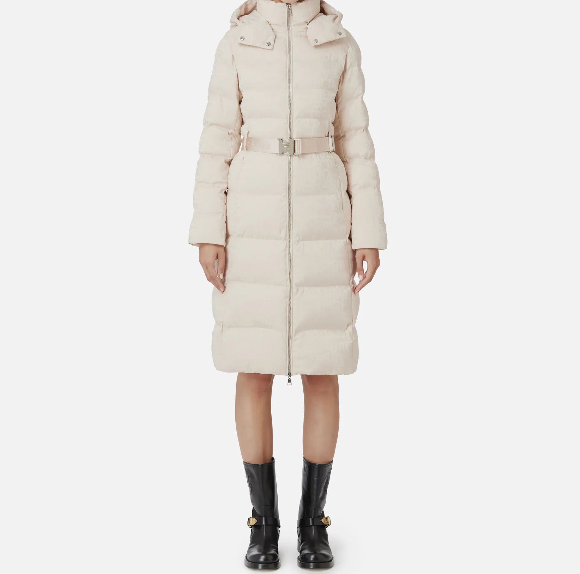 Elisabetta Franchi Coats And Jackets|Long down jacket in nylon jacquard with lettering Latex